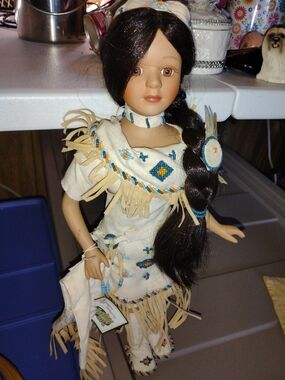 Source Unknown Cream and Blue Beaded Native-Inspired Doll Outfit